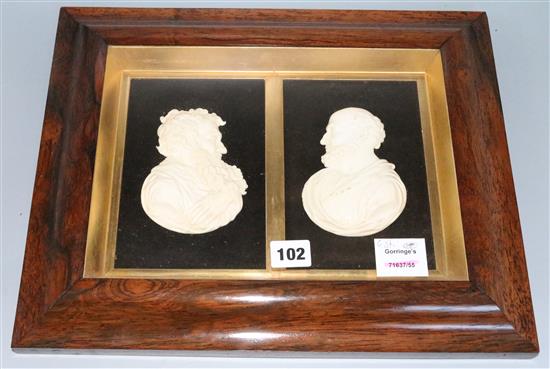 Pair of poured moulded wax portraits of gentlemen, framed as one